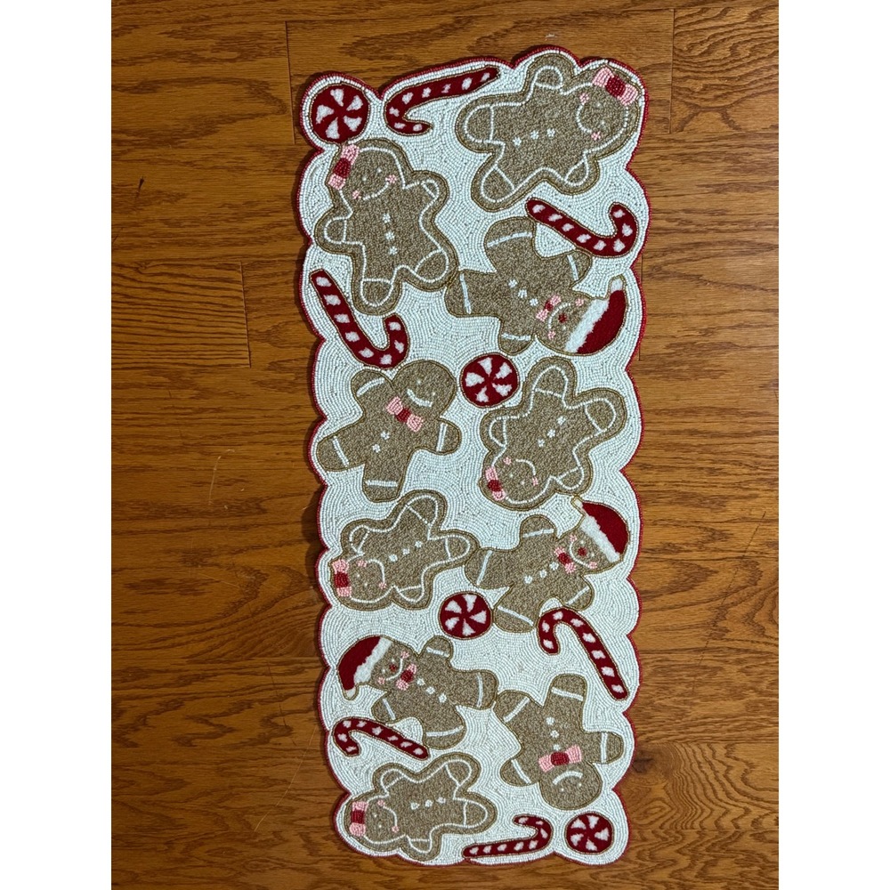 Kirklands Home Christmas Gingerbread Beaded Table Runner Bows Candy Canes NWOT